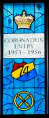 74th Entry window in the RAF Halton Church. A colourful stained glass window showing a 74th Entry motif.